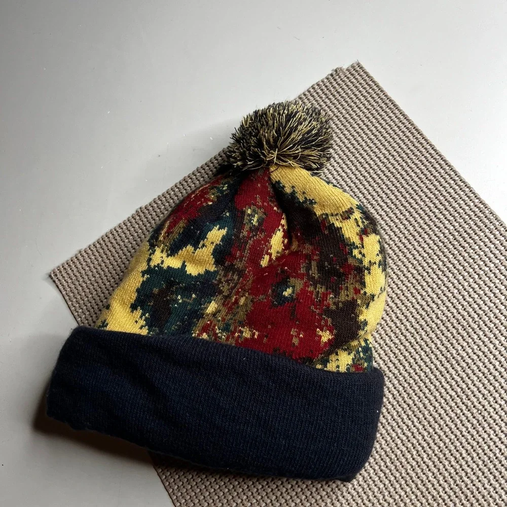 The North Face Beanie Pom Knit Hat Abstract Camo Red Yellow Navy Unisex One Size